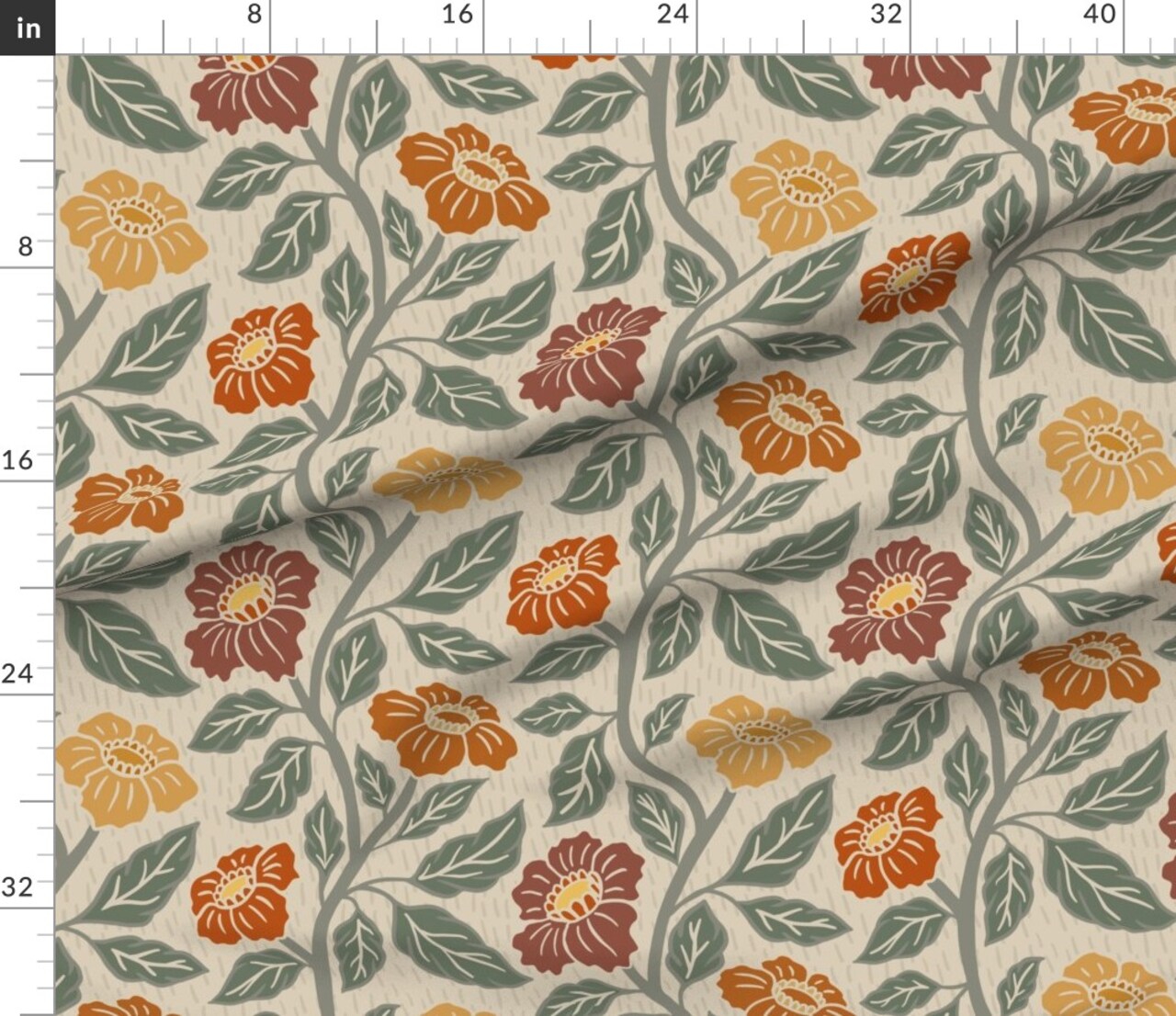 Autumn Green Red Orange Traditional Botanical Historical Earth Tones Arts And Crafts Custom Printed Fabric by Spoonflower Various Fabrics by the Yard or Fat Quarter